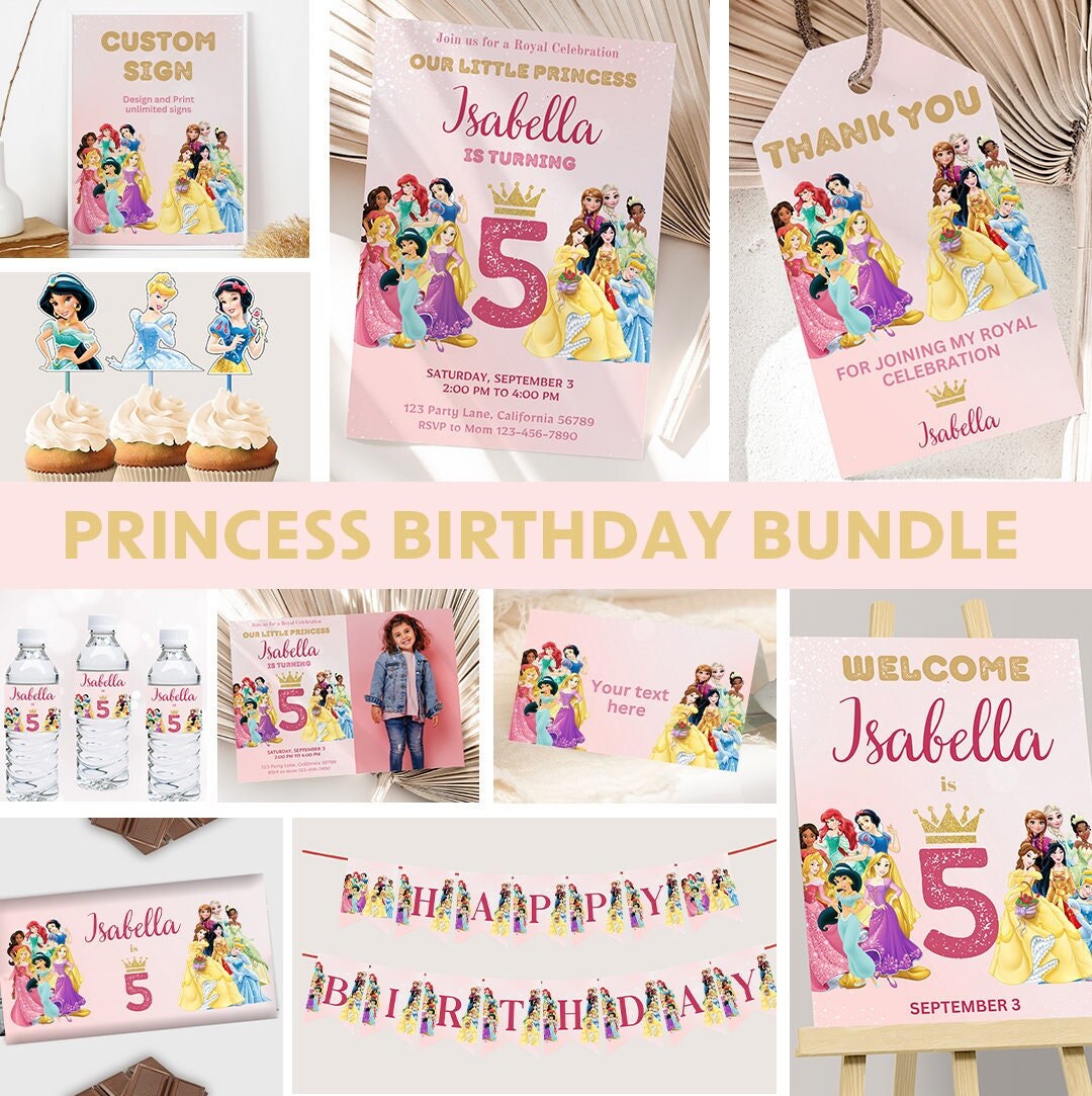 Princess Birthday Invitation Bundle Princess Invitation Princess Party Decoration Princesses Theme Invite Decor Girl ANY AGE EDITABLE