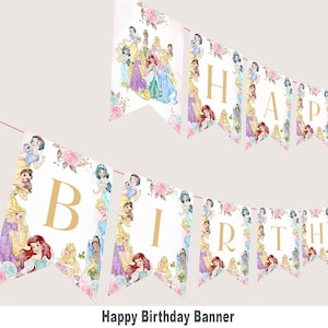May include: A "Happy Birthday" banner with princess illustrations and floral accents. The white pennants have gold lettering and princess characters. The banner is strung with a red string.