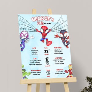 May include: A light blue birthday sign on an easel, featuring Spider-Man characters and text. The sign reads "GEORGE'S 5th BIRTHDAY!" and includes the child's height as 58 cm and weight as 7.7 kg.
