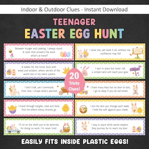 Puede incluir: Un juego imprimible de búsqueda de huevos de Pascua para adolescentes. El diseño presenta texto colorido e ilustraciones de huevos de Pascua, conejitos y pollitos. Incluye 20 pistas difíciles de resolver, perfecto para interiores y exteriores.