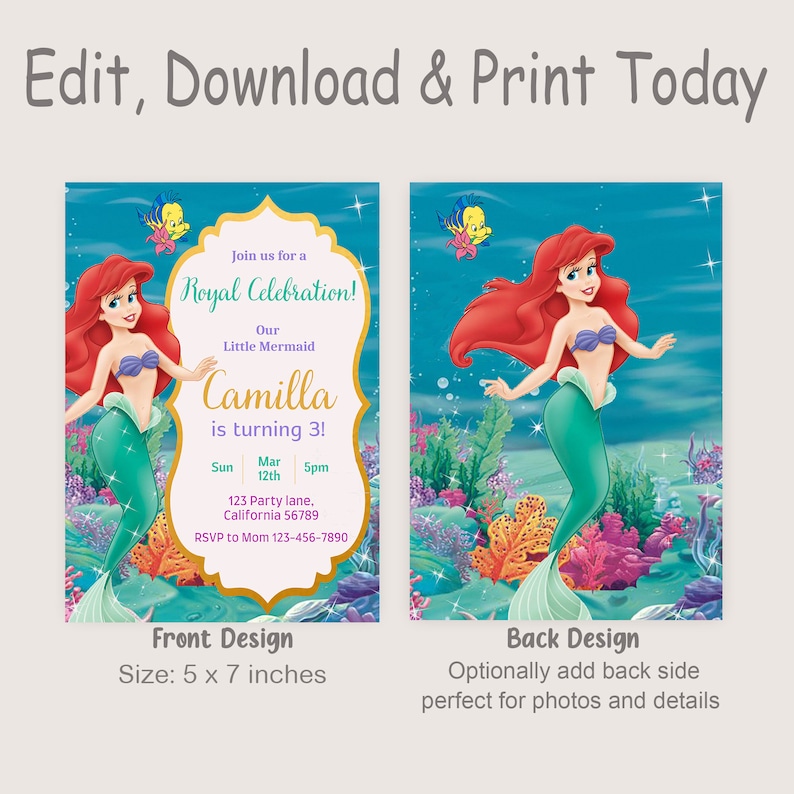 May include: A printable invitation for a little mermaid themed birthday party. The invitation features a cartoon image of Ariel, the little mermaid, with a purple and gold banner that says "Join us for a Royal Celebration! Our Little Mermaid Camilla is turning 3!" The invitation also includes the date, time, and location of the party.