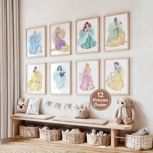 Väggkonst med prinsessa, väggdekor med prinsessa, barnrumsdekor med prinsessa, prinsessaffisch, set med 12 prinsessor, konsttryck att skriva ut