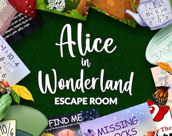 May include: An escape room game themed around Alice in Wonderland. The game features a variety of puzzles and challenges, including a clock face, a word search, a number puzzle, and a missing blocks puzzle. The game is designed for ages 10 and up.
