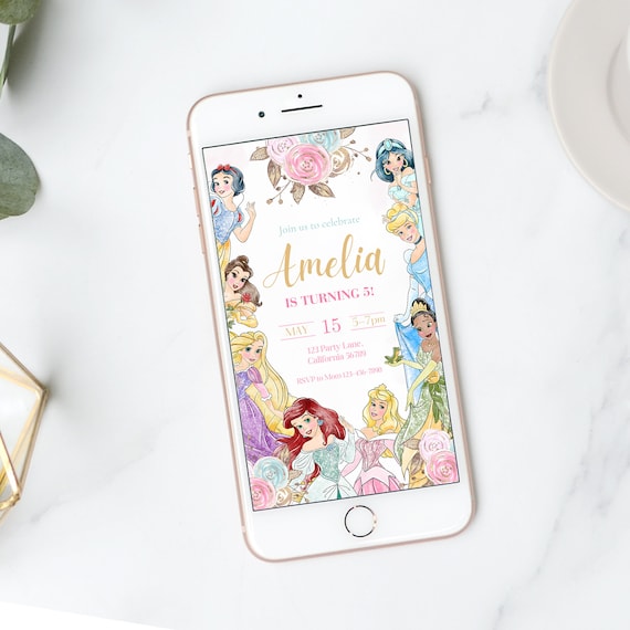 Princess Birthday Invitation Princess Invitation Princess Theme Digital Party e-invite Princesses Mobile Electronic Evite Girl EDITABLE