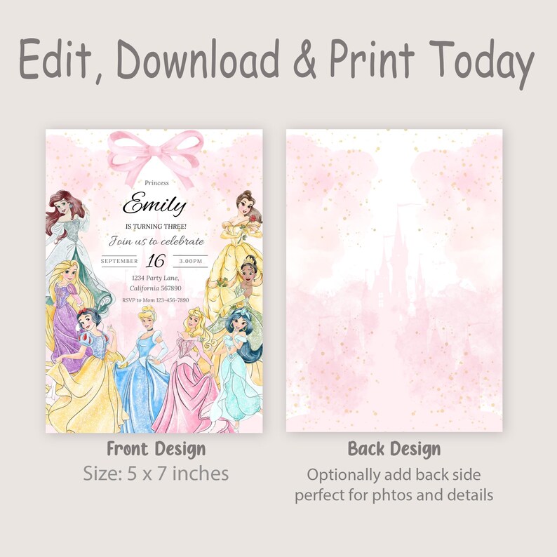 May include: A pink princess-themed birthday invitation with a watercolor design. The front features princess illustrations, the name "Emily", and event details. The invitation is 5 x 7 inches. The back design has a pink watercolor castle.