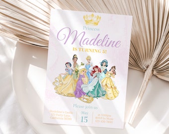 May include: A pink and purple invitation with a gold crown and the text "Princess Madeline is turning 5!"  The invitation features a group of Disney princesses in their iconic dresses. The text "Please join us May 15 at 5:00pm RSVP to Mom 123-456-7890" is at the bottom of the invitation.