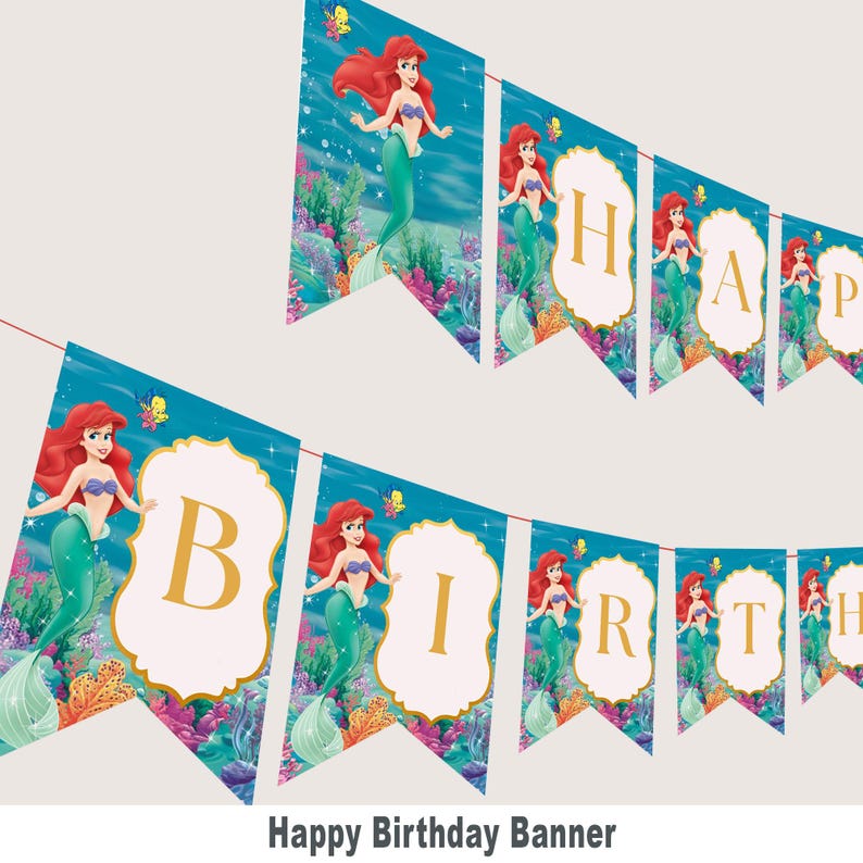 K&ouml;nnte beinhalten: Ein blaues und gr&uuml;nes Banner mit einer Meerjungfrau auf jeder Flagge. Die Flaggen buchstabieren "Happy Birthday".