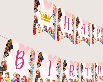Princess Birthday Banner Princess Happy Birthday Decorations Princess Bunting Princess Decor Princesses Party Supplies PRINTABLE Instant