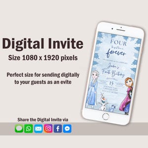 May include: A digital invitation displayed on a smartphone. The invitation features illustrations of animated characters and text that reads "FOUR forever" and "Jordan's Fourth Birthday". The invitation is designed for digital sharing.