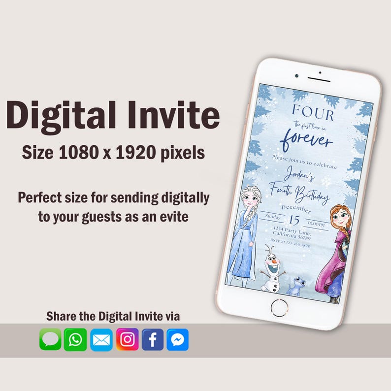 May include: A digital invitation displayed on a smartphone. The invitation features illustrations of animated characters and text that reads "FOUR forever" and "Jordan's Fourth Birthday". The invitation is designed for digital sharing.