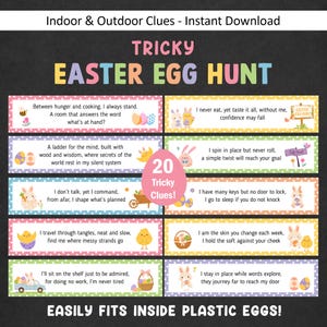 May include: A printable Easter egg hunt game with 20 tricky clues. The design features pastel colors, Easter bunnies, chicks, and eggs. Text includes "Tricky Easter Egg Hunt" and "Easily fits inside plastic eggs!"