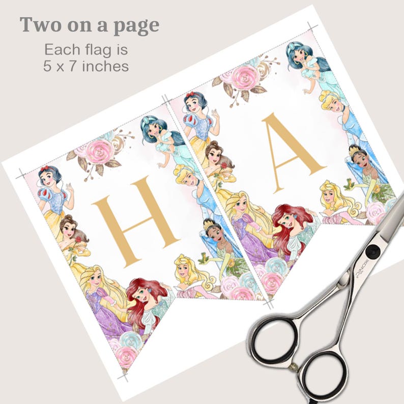 May include: A banner with the letters "HA" in gold, decorated with watercolour illustrations of Disney princesses and floral accents. Each flag is 12.7 x 17.8 cm. A pair of scissors is in the lower right corner.