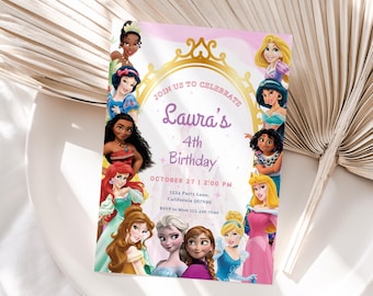 May include: A pink and gold birthday party invitation featuring various cartoon princesses. The invitation reads "Join us to celebrate Laura's 4th Birthday" with the date and time. The invitation also includes an address and RSVP information.