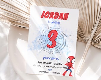 Zaproszenie na urodziny Spidey'a Zaproszenie na urodziny Spidey'a i jego niesamowitych przyjaciół Zaproszenie na przyjęcie urodzinowe Spidey'a Chłopiec Edytowalny szablon Instant Digital