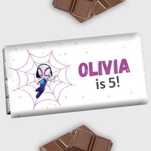 Etiqueta de chocolate Ghost Spider Spidey e seus incríveis amigos Embalagem de barra de chocolate Spider Gwen Aniversário Barra de chocolate de 1,55 onças EDITÁVEL digital