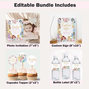 May include: A printable bundle of Disney princess themed party decorations. The bundle includes a photo invitation, a custom sign, cupcake toppers, and bottle labels. The invitation is 7 inches by 5 inches, the sign is 8 inches by 10 inches, the cupcake toppers are 2 inches by 2 inches, and the bottle labels are 8 inches by 2 inches.