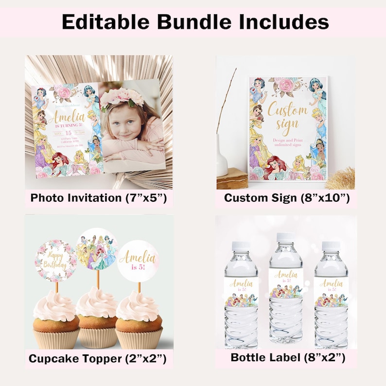 May include: A printable bundle of Disney princess themed party decorations. The bundle includes a photo invitation, a custom sign, cupcake toppers, and bottle labels. The invitation is 7 inches by 5 inches, the sign is 8 inches by 10 inches, the cupcake toppers are 2 inches by 2 inches, and the bottle labels are 8 inches by 2 inches.