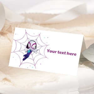 Tenda de comida Ghost Spider Spidey e seus incríveis amigos Cartão de barraca de aniversário Menina Gwen Stacy Rótulo de comida para festa Etiquetas de comida EDITÁVEL Digital instantâneo