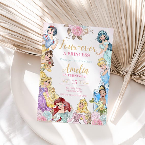 Four Ever A Princess Birthday Invitation Fourever A Princess Invitation 4th Birthday Invite  Princess Party Royal Theme Watercolor EDITABLE