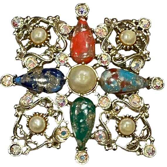 VTG Rhinestone Faux Pearl Statement Brooch Jewelr… - image 2