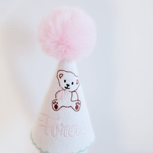 Personalized Teddy Bear Birthday Hat/ Baby Girl Pom Birthday Hat/ Name Hat/Party Hat For Any Age/ Cake Smash Hat/ 1st Birthday Pom Pom Hat