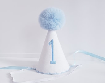 Blue Embroidered 1st Birthday Hat with Pom Pom