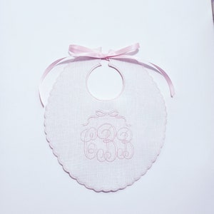 Keepsake Monogrammed 1st Birthday Bib / Cake Smash Bib/ Personalized Monogram Bib/ Photo Shoot Bib / Baby Keepsake Bib White and Light Pink.