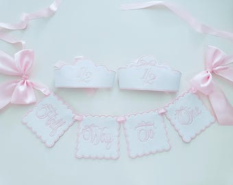 Halfway to One Birthday Set – Embroidered 1/2 Crown, Banner, Bib & Cake Topper