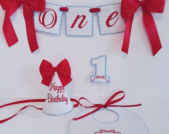 4th of July Birthday Theme/ White, Red and Blue Happy Birthday Hat, One Banner, Bib and Cake Topper Set/ Patriotic Birthday Party Theme