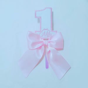 1 Cake Topper with Name and Bow/ Custom Made Embroidery Cake Topper/ Birthday Cake Topper for any age/ Ribbon Bow Cake Topper