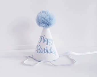Happy Birthday Hat and One Garland Set/ 1st Birthday Deco/ White and Blue Embroidery Party Hat and Banner/ 1st Birthday Boy Hat and Banner
