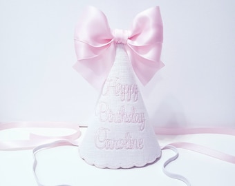 Happy Birthday Hat/ 1st Birthday Hat / White Pink Embroidery Party Hat/ Personalized Birthday Hat For Any Age
