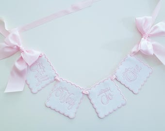 Half Way to One – Baby Girl 6 Month Birthday Banner – Pink & White Embroidered Milestone Garland