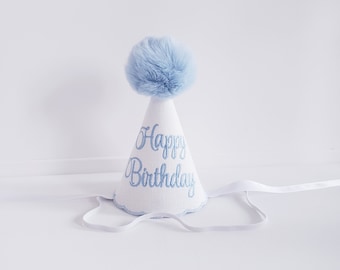 Personalized Birthday Pom Pom Hat: White and Blue Embroidery