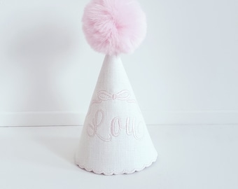 Baby Girl Personalized Birthday Bow Hat/ Girls 1st Birthday Keepsake Hat/White and Pink Embroidery Name Party Hat/Birthday Hat For Any Age
