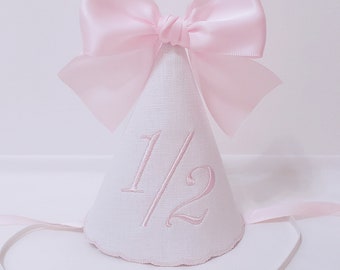 Half Birthday Hat / 1/2 Birthday Hat/ 6 Months Birthday Hat/ White and Pink Embroidery Hat/ Personalized Hat For Any Age