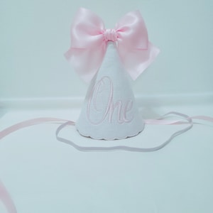One Birthday Party Hat/ 2 sizes 6&quot; & 4&quot; tall/ Girl 1st Birthday Hat/ White Pink Embroidery Party Hat/ Personalized Birthday Hat For Any Age