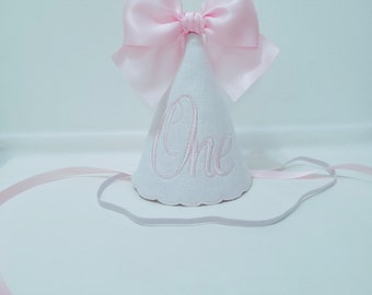One Birthday Party Hat/ 2 sizes 6&quot; & 4&quot; tall/ Girl 1st Birthday Hat/ White Pink Embroidery Party Hat/ Personalized Birthday Hat For Any Age