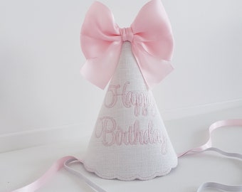 Happy Birthday Hat/ 1st Birthday Hat / White Pink Embroidery Party Hat/ Personalized Birthday Hat For Any Age