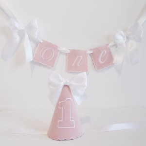 Pink and White Birthday Hat and Banner/ Girls Personalized Hat For Any Age/ 1st Birthday Cake Smash Hat and Banner. Whole set available!