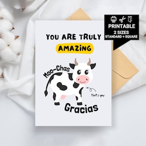 Druckbare Dankeskarte - Moochas Gracias - Du bist wirklich erstaunlich, süße Kuh Karte, lustige Kuh Karte, Geburtstagskarte, lustige Tierkarte