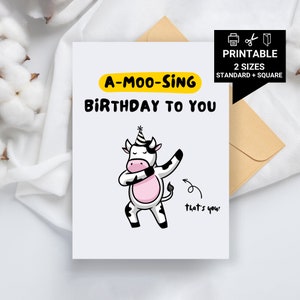 Tarjeta de cumpleaños imprimible: ¡Feliz cumpleaños! Tarjeta divertida de vaca, para él, para ella, para tu mejor amigo, papá, hermano o hermana. Tarjeta de cumpleaños de animales.