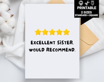 Excellent Sister. Would Recommend. Printable Birthday Card For Sister, Printable Sister Birthday Card, Sister Birthday Card, Printable