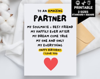 Printable Birthday Card for Partner, Soulmate & Best Friend, Greeting Card, Romantic Card for Husband, Boyfriend, Wife, Girlfriend, Love You