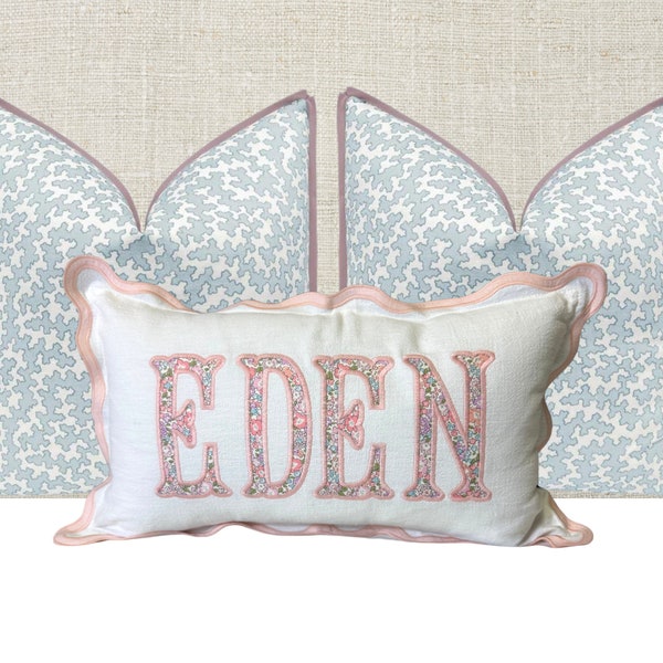 12x20 in Personalized Scalloped Applique Name and Monogram Pillow Cover