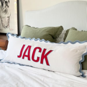 14x36 Scallop Long Lumbar Personalized Applique Name and Monogram Pillow Cover