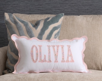 12x20 in Personalized Scalloped Applique Name and Monogram Pillow Cover