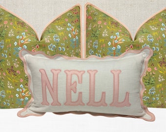 12x20 in Personalized Scalloped Applique Name and Monogram Pillow Cover