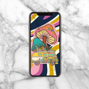 May include: A smartphone displays a colorful, psychedelic illustration. The design features a yellow van, mushrooms, and floral elements against a striped background in pink, blue, and gold. The overall theme is retro and whimsical.