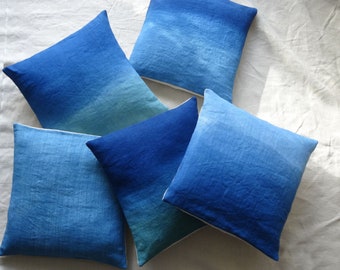 Housses de coussin décoratifs tie and dye indigo uni et dégradé bleu en lin style bohème